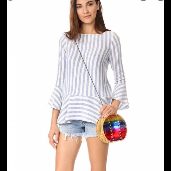 Revolve Alice + Olivia White Doyle Trumpet Sleeve Striped Blouse - Picture 5 of 13